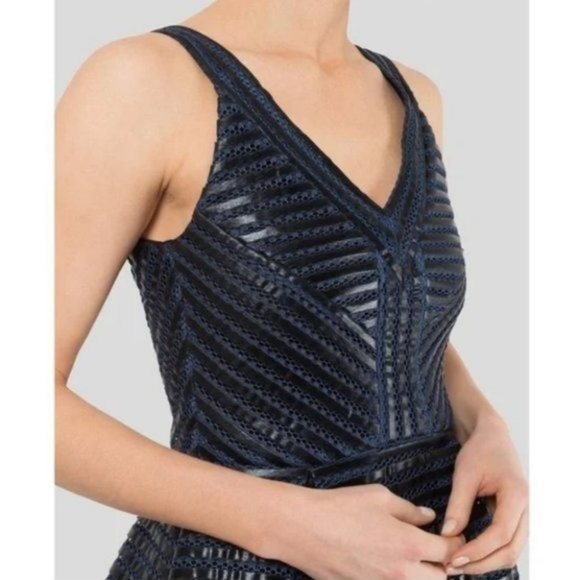 Maje Paris Rosemount black and blue mesh  stripe fit and flare cocktail dress 2 - Picture 12 of 16